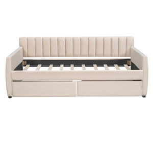 English Elm Twin Velvet Upholstered Daybed with Storage Drawers Wood Slat Base Guest Room Sofa Beige LP000120AAA