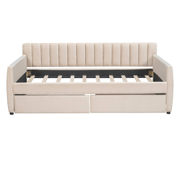 English Elm Twin Velvet Upholstered Daybed with Storage Drawers Wood Slat Base Guest Room Sofa Beige LP000120AAA