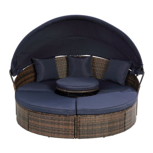 English Elm Hot KD Rattan Round Lounge Canopy Bed - All-Weather Wicker Daybed with Retractable Shade, Deep Seating Comfort and Removable Cushions Navy Blue W640S00034