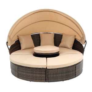 English Elm Hot KD Rattan Round Lounge Canopy Bed - All-Weather Wicker Daybed with Retractable Shade, Deep Seating Comfort and Removable Cushions Beige W640S00035