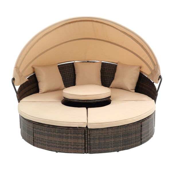 English Elm Hot KD Rattan Round Lounge Canopy Bed - All-Weather Wicker Daybed with Retractable Shade, Deep Seating Comfort and Removable Cushions Beige W640S00035