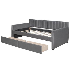 English Elm Twin Velvet Upholstered Daybed with Storage Drawers Wood Slat Base Guest Room Sofa Gray LP000120AAE