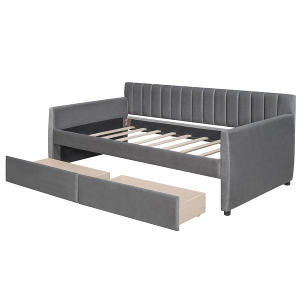 English Elm Twin Velvet Upholstered Daybed with Storage Drawers Wood Slat Base Guest Room Sofa Gray LP000120AAE