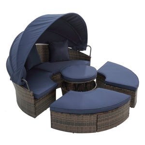 English Elm Hot KD Rattan Round Lounge Canopy Bed - All-Weather Wicker Daybed with Retractable Shade, Deep Seating Comfort and Removable Cushions Navy Blue W640S00034