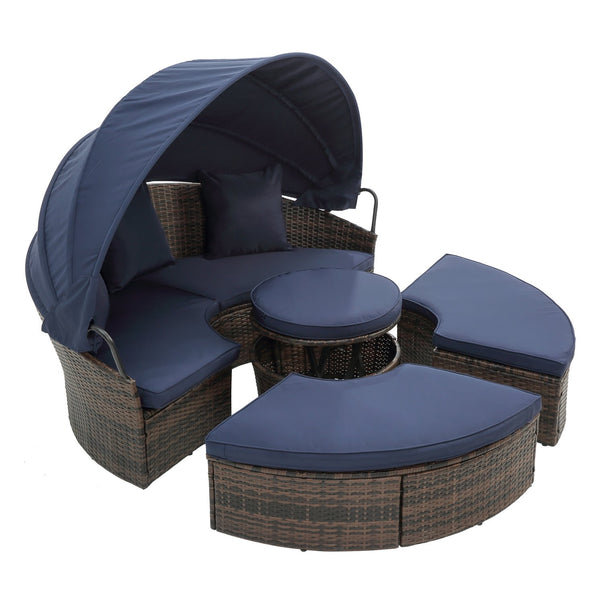 English Elm Hot KD Rattan Round Lounge Canopy Bed - All-Weather Wicker Daybed with Retractable Shade, Deep Seating Comfort and Removable Cushions Navy Blue W640S00034