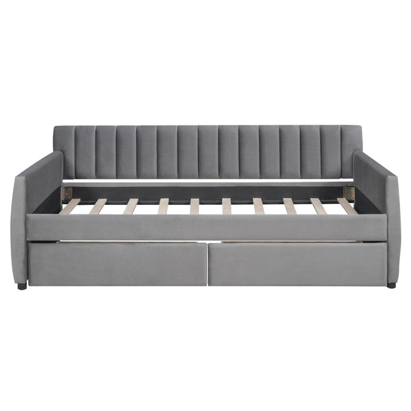 English Elm Twin Velvet Upholstered Daybed with Storage Drawers Wood Slat Base Guest Room Sofa Gray LP000120AAE