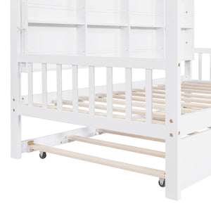 English Elm Wooden Twin Size House Bed With Trundle,Kids Bed With Shelf, White