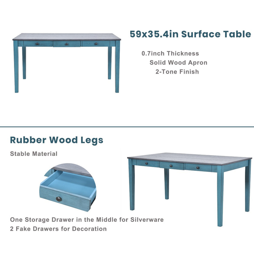 English Elm Topmax Mid-century Six Piece Rubberwood Dining Set with Storage Drawer and Upholstered Seating Blue N717S000006C