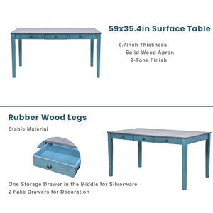 English Elm Topmax Mid-century Six Piece Rubberwood Dining Set with Storage Drawer and Upholstered Seating Blue N717S000006C