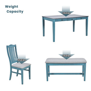 English Elm Topmax Mid-century Six Piece Rubberwood Dining Set with Storage Drawer and Upholstered Seating Blue N717S000006C
