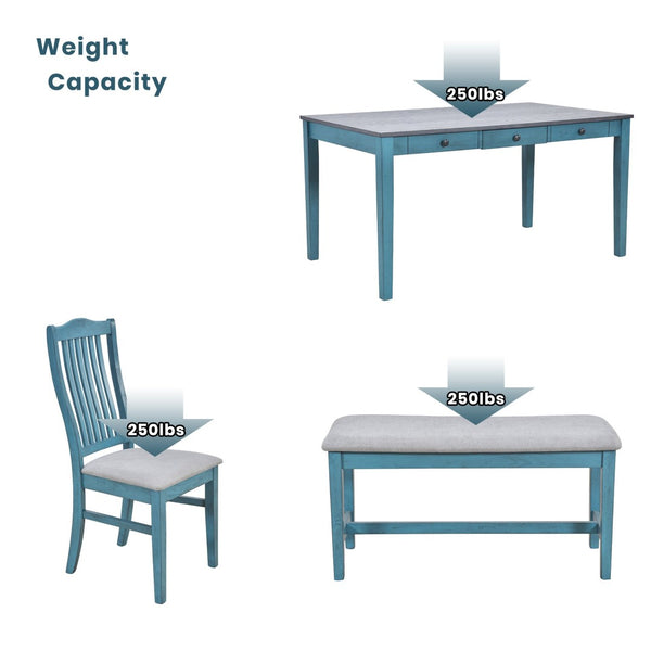 English Elm Topmax Mid-century Six Piece Rubberwood Dining Set with Storage Drawer and Upholstered Seating Blue N717S000006C