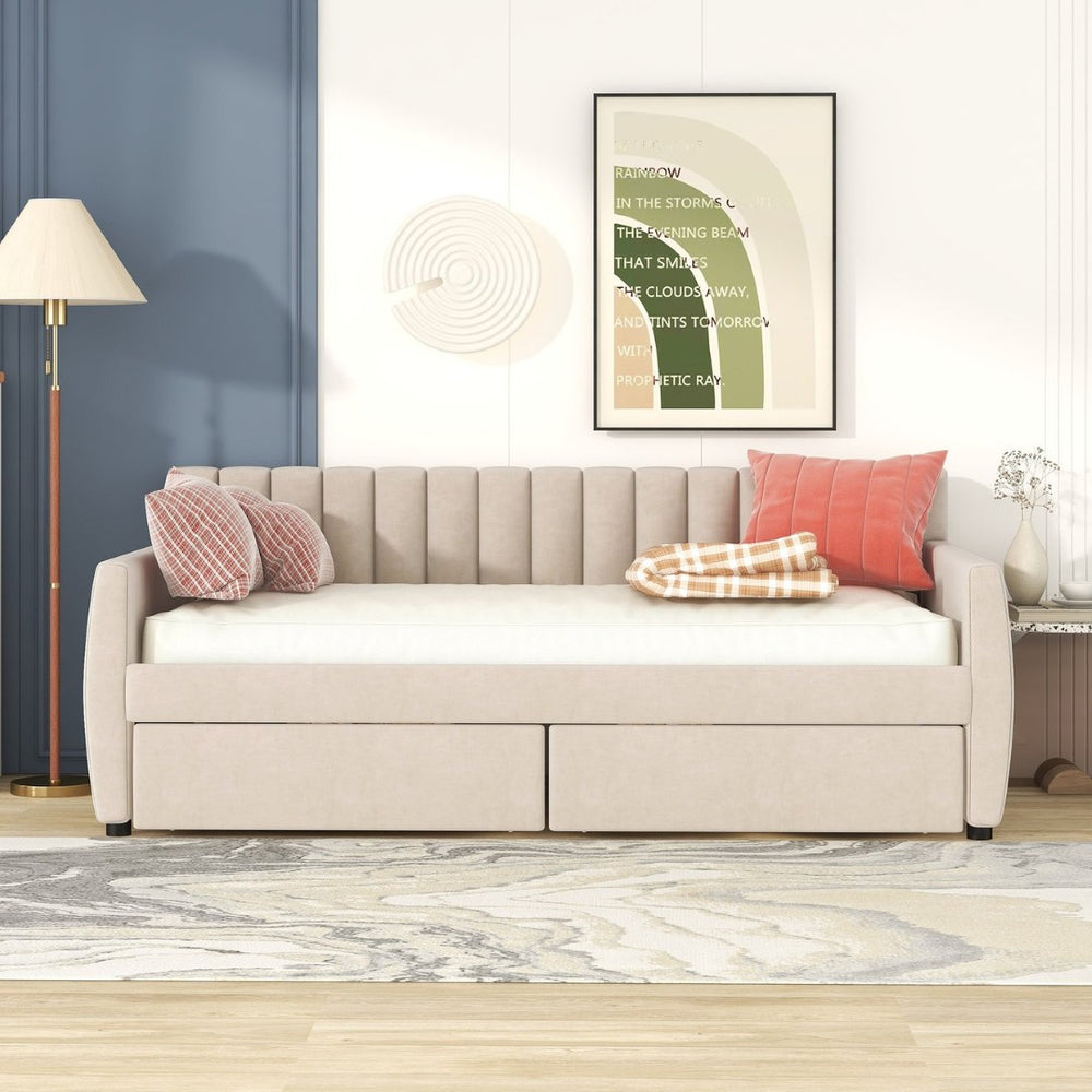English Elm Twin Velvet Upholstered Daybed with Storage Drawers Wood Slat Base Guest Room Sofa Beige LP000120AAA