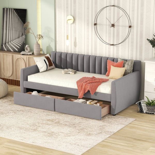 English Elm Twin Velvet Upholstered Daybed with Storage Drawers Wood Slat Base Guest Room Sofa Gray LP000120AAE