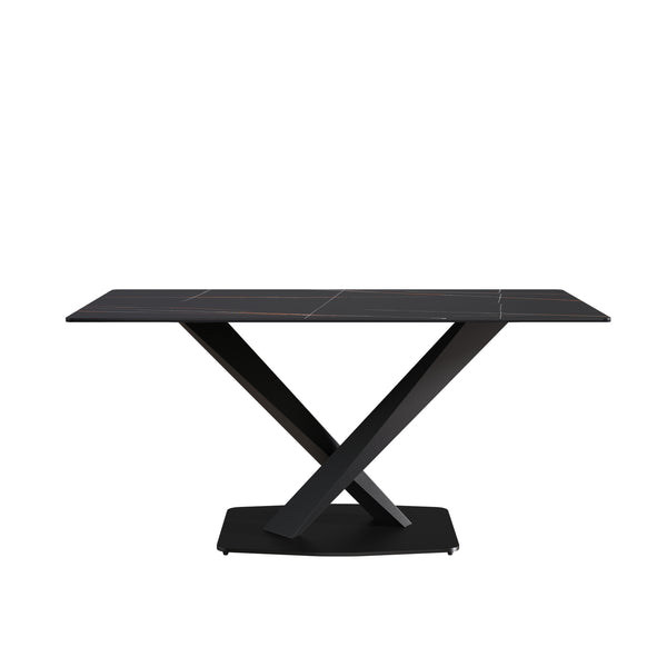 English Elm 63" Modern Sintered Stone Dining Table with Durable X-Leg Iron Base, Seats 6, 400 lb Capacity Black W1535S00532