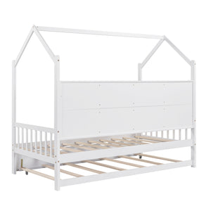 English Elm Wooden Twin Size House Bed With Trundle,Kids Bed With Shelf, White