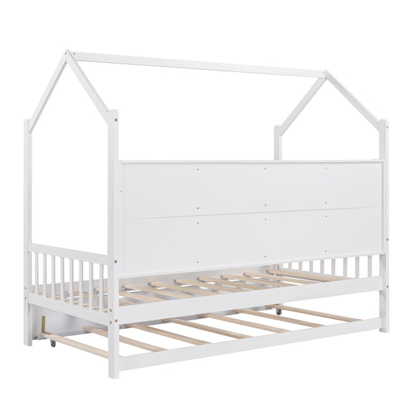 English Elm Wooden Twin Size House Bed With Trundle,Kids Bed With Shelf, White