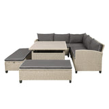 Hearth and Haven 6 Piece Outdoor Set Wicker Rattan Sectional Sofa, Table and Benches, Brown and Grey