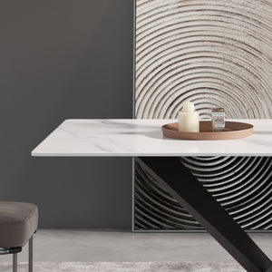 English Elm 55.12" Modern White Sintered Stone Dining Table With Black Metal X-Leg Base For 6 People, Stylish & Durable W1535S00537