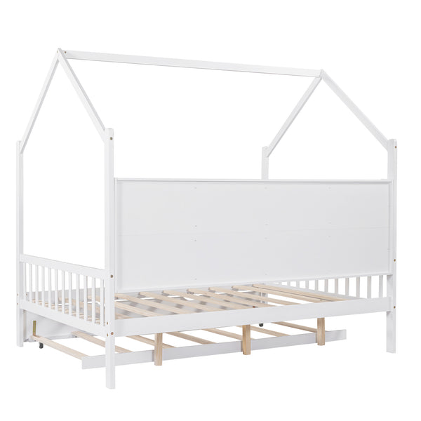 English Elm Wooden Full Size House Bed with Trundle and Shelf, White Pine Frame, Playhouse Roof, 550lb Capacity N733P326490K