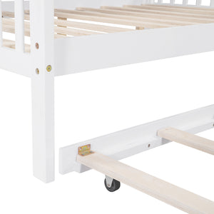English Elm Wooden Full Size House Bed with Trundle and Shelf, White Pine Frame, Playhouse Roof, 550lb Capacity N733P326490K