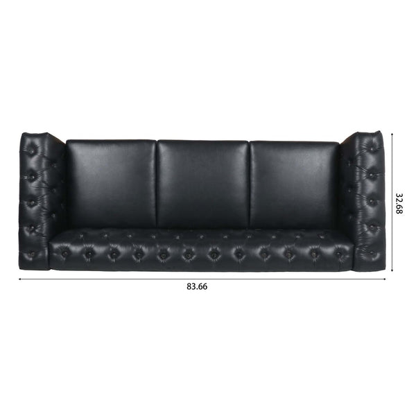 English Elm 83.66 Inch Pu Leather Three Seat Sofa with Silver Stud Trim and Birch Legs Black W68042996