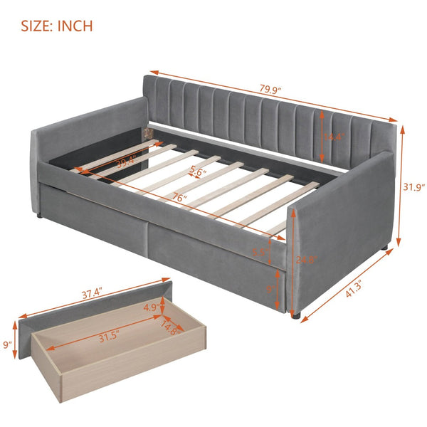 English Elm Twin Velvet Upholstered Daybed with Storage Drawers Wood Slat Base Guest Room Sofa Gray LP000120AAE