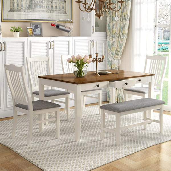 English Elm Topmax Mid-century Six Piece Rubberwood Dining Set with Storage Drawer and Upholstered Seating White N717S000006A