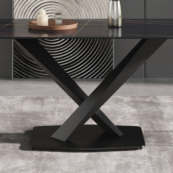 English Elm 55.12" Modern Artificial Stone Dining Table With Black Metal X-Leg Base - Seats 6, Easy Maintenance W1535S00538