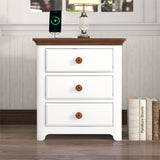 Hearth and Haven Wooden Nightstand with Usb Charging Ports and Three Drawers, End Table For Bedroom, White+Walnut WF297096AAK