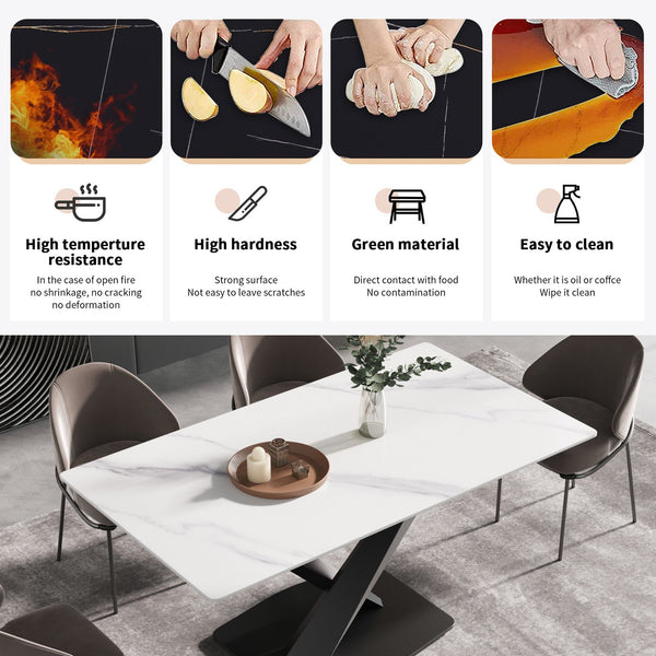 English Elm 63-inch Modern Sintered Stone Dining Table with White Top, Black X-Legs, Seats 8, 400 lb Capacity W1535S00185