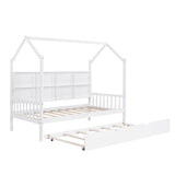 English Elm Wooden Twin Size House Bed With Trundle,Kids Bed With Shelf, White