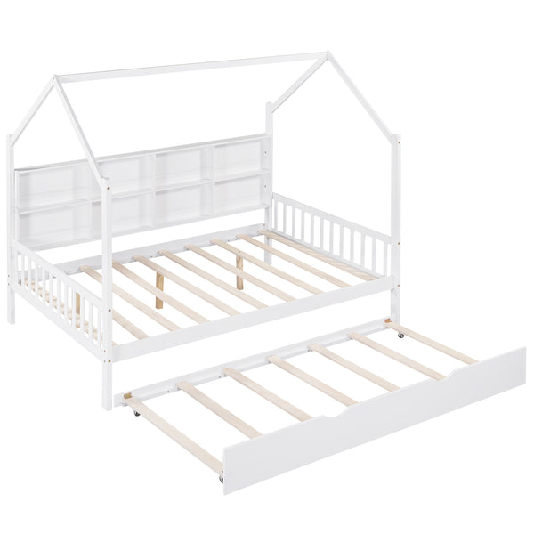 English Elm Wooden Full Size House Bed with Trundle and Shelf, White Pine Frame, Playhouse Roof, 550lb Capacity N733P326490K