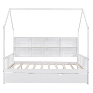 English Elm Wooden Full Size House Bed with Trundle and Shelf, White Pine Frame, Playhouse Roof, 550lb Capacity N733P326490K