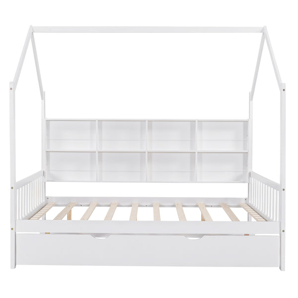 English Elm Wooden Full Size House Bed with Trundle and Shelf, White Pine Frame, Playhouse Roof, 550lb Capacity N733P326490K