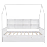 English Elm Wooden Full Size House Bed With Trundle,Kids Bed With Shelf, White