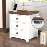Hearth and Haven Wooden Nightstand with Usb Charging Ports and Three Drawers, End Table For Bedroom, White+Walnut WF297096AAK