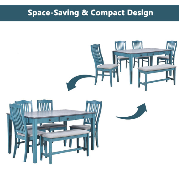 English Elm Topmax Mid-century Six Piece Rubberwood Dining Set with Storage Drawer and Upholstered Seating Blue N717S000006C