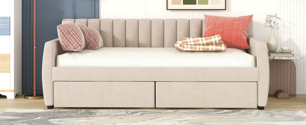 English Elm Twin Velvet Upholstered Daybed with Storage Drawers Wood Slat Base Guest Room Sofa Beige LP000120AAA