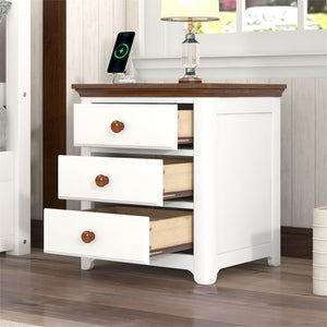 English Elm Wooden Nightstand With Usb Charging Ports and Three Drawers,End Table For Bedroom,White+Walnut