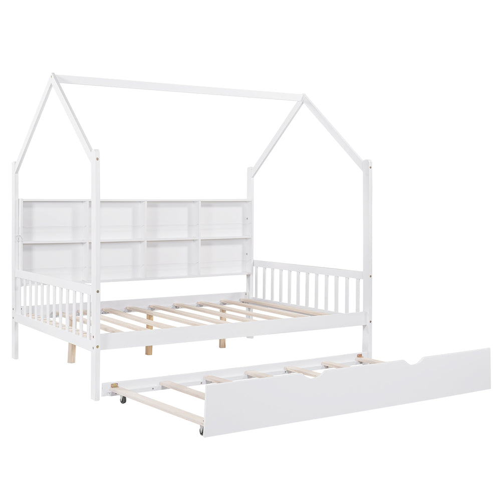 English Elm Wooden Full Size House Bed with Trundle and Shelf, White Pine Frame, Playhouse Roof, 550lb Capacity N733P326490K