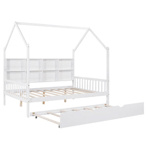 English Elm Wooden Full Size House Bed with Trundle and Shelf, White Pine Frame, Playhouse Roof, 550lb Capacity N733P326490K