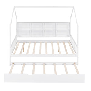 English Elm Wooden Full Size House Bed with Trundle and Shelf, White Pine Frame, Playhouse Roof, 550lb Capacity N733P326490K