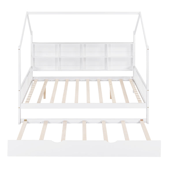 English Elm Wooden Full Size House Bed with Trundle and Shelf, White Pine Frame, Playhouse Roof, 550lb Capacity N733P326490K