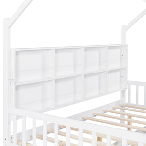 English Elm Wooden Full Size House Bed with Trundle and Shelf, White Pine Frame, Playhouse Roof, 550lb Capacity N733P326490K