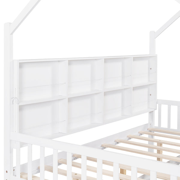 English Elm Wooden Full Size House Bed with Trundle and Shelf, White Pine Frame, Playhouse Roof, 550lb Capacity N733P326490K
