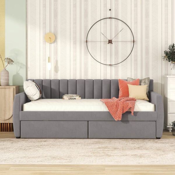 English Elm Twin Velvet Upholstered Daybed with Storage Drawers Wood Slat Base Guest Room Sofa Gray LP000120AAE