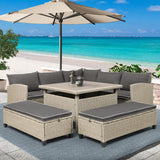 Hearth and Haven 6 Piece Outdoor Set Wicker Rattan Sectional Sofa, Table and Benches, Brown and Grey