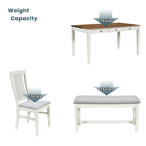 English Elm Topmax Mid-century Six Piece Rubberwood Dining Set with Storage Drawer and Upholstered Seating White N717S000006A