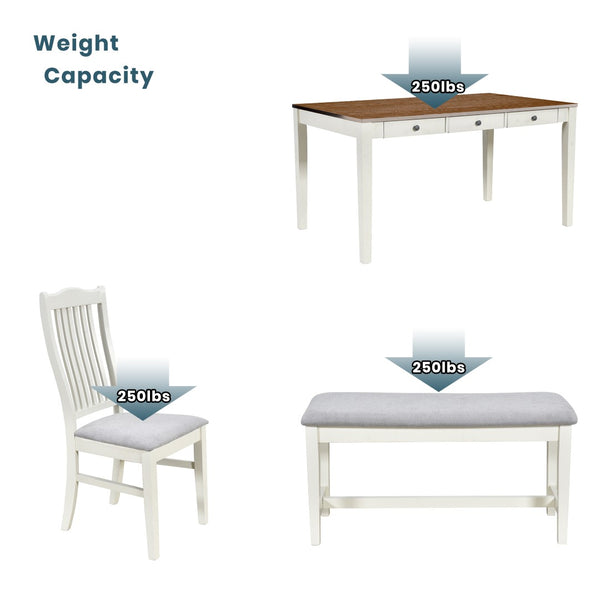 English Elm Topmax Mid-century Six Piece Rubberwood Dining Set with Storage Drawer and Upholstered Seating White N717S000006A