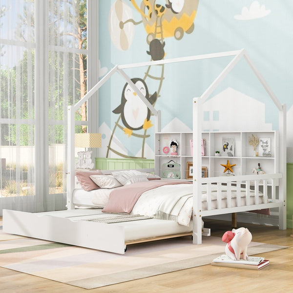 English Elm Wooden Full Size House Bed with Trundle and Shelf, White Pine Frame, Playhouse Roof, 550lb Capacity N733P326490K